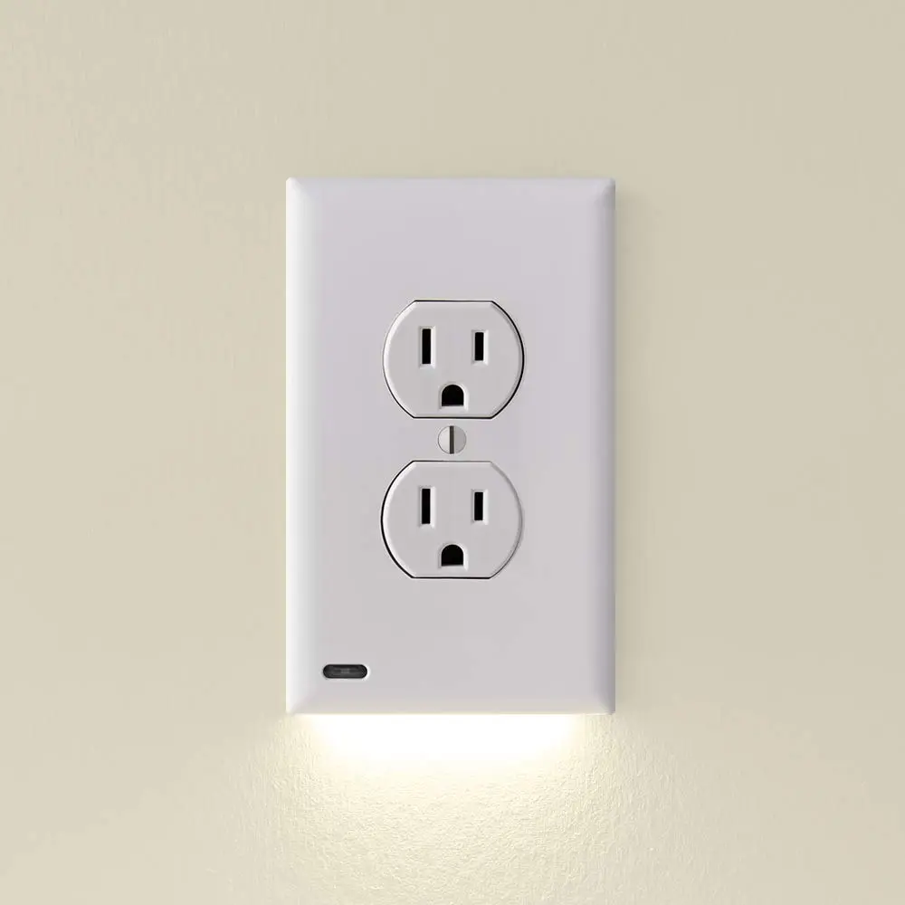 2-Pack White Duplex Power Outlet Cover Wall Light Switches - Hello Light Indoor Auto-On/Off Fixtures for Household Users