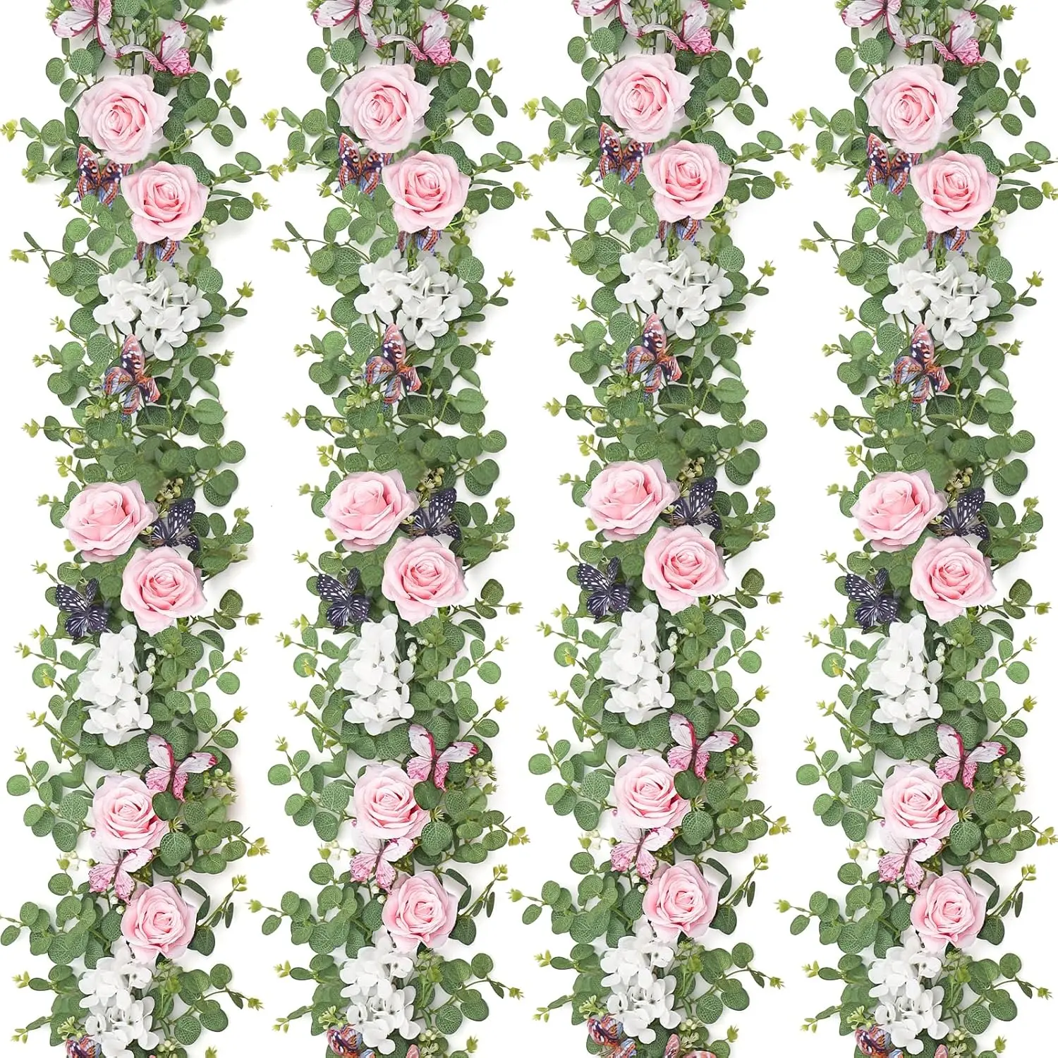 1-2 Pcs 5.9Ft Artificial Flower Garland Set, Fake Rose-Hydrangea Vines with Butterflies, Eucalyptus Greenery for Wedding Home Decorations, Decoration