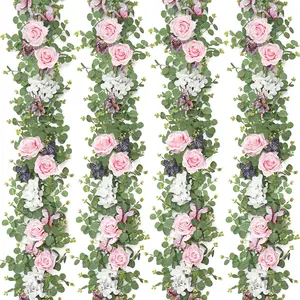1/2 Pcs 5.9Ft Artificial Flower Garland Fake Rose Hydrangea Vines with Butterflies Hanging Floral Flowers Greenery Eucalyptus Garland for Wedding Home Party Room Table Backdrop Decor (Pink, 2 Pcs)
