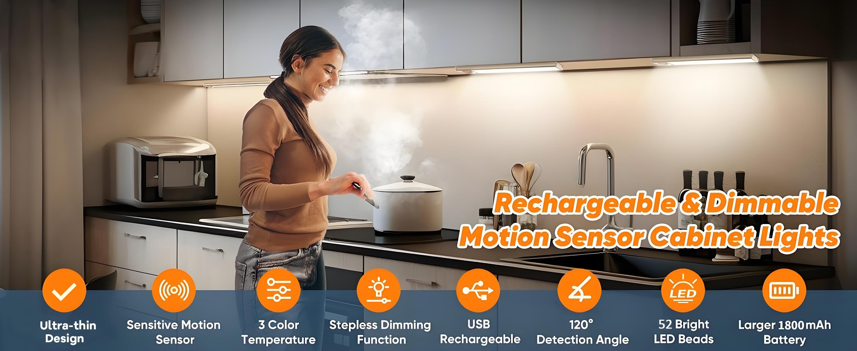 Under Cabinet Lights, Motion Sensor Night Lights Indoor, 1800mAh USB Rechargeable Lights, Dimmable Wireless Closet Lights for Kitchen, Wardrobe, Pantry, Closet, Bathroom, Stairs, Sink Cabinet, Garage, St. Patrick's Day Home Decor, Easter Sunday Gifts