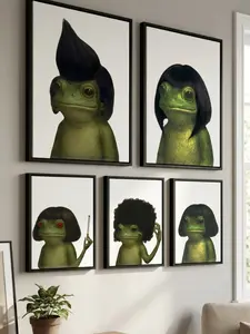 Funny Frog with Haircut Canvas Wall Art Retro Absurdist Animal Poster Quirky Frog Portraits Bob Afro Pompadour Hairstyles Weird Aesthetic Room Decor for Bedroom Living Room