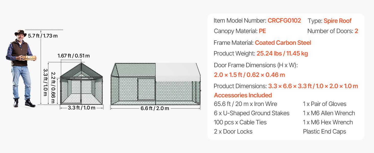 VEVOR Metal Chicken Coop for 4-6 Chickens, 3.3 x 6.6 x 3.3 ft, Small Chicken Cage with Waterproof Cover & Double Doors, Spire Roof Poultry Run Compatible with Wooden Coops, for Rabbit Hen Goose Duck#BackToSchool