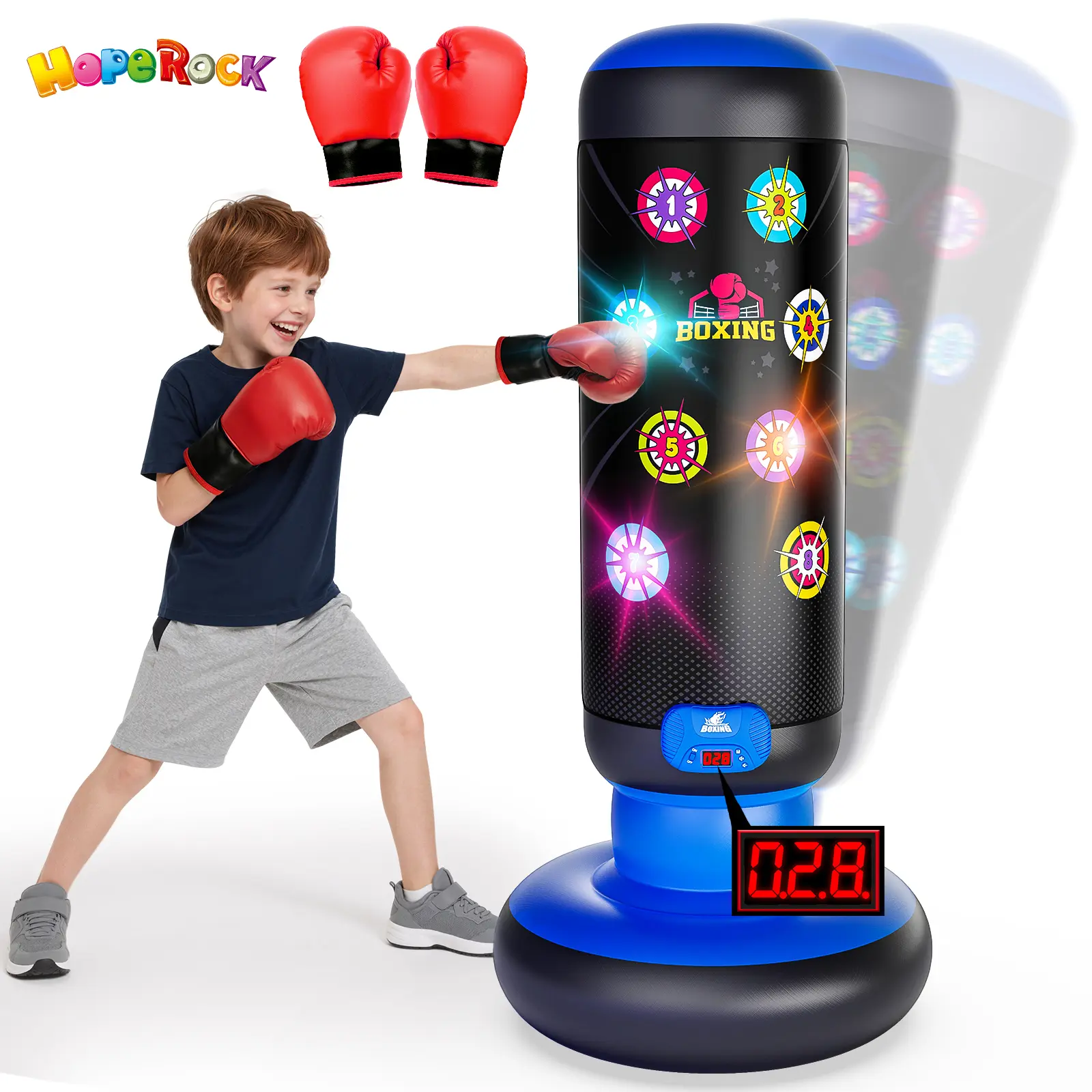 Hoperock Punching Bag for Kids, Boxing Set with Scoring, Light, Music, 4 Game Modes, Inflatable Boxing Bag with Gloves, Birthday Gifts Toys for 4-8-12 Years Old Boys backtoschool