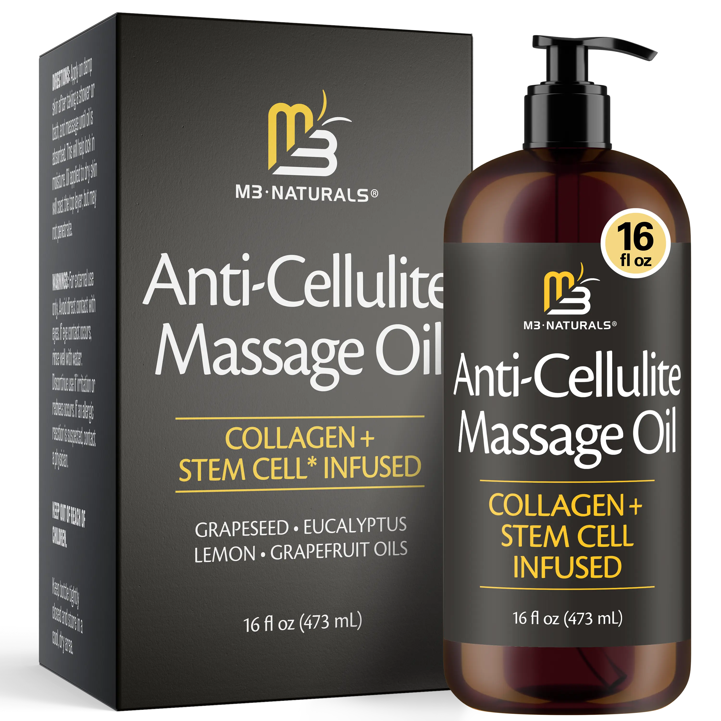 M3 Naturals Firming Body Massage Oil 16 Fl Oz with Collagen & Stem Cell – Helps Smooth The Appearance of Cellulite & Improve Skin Texture – Refreshing Aromatherapy Body Oil for Legs & Full Body -  Lemony Eucalyptus Scent