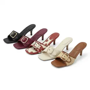 SOVANYOU Kitten Heel Sandals Stiletto Low Heels Slip On Slides Mule Sandal Square Open Toe Dress Shoes for Women