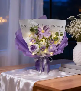 EVERCUTE Handmade Crochet Flower Bouquet with LED Lights – Knitted Artificial Flowers for Romantic Gift, Girlfriend, Bridal Shower, Wedding, Home Decor, Anniversary, Birthday dream fake flowers for outdoor uv resistant realistic silk flower porch decor