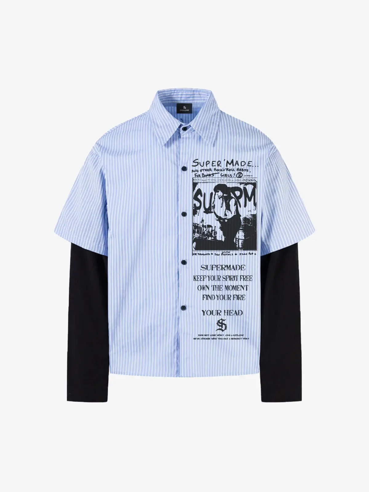 Supermade Men's Vintage Streetwear Graphic Print T-Shirt with Faux 2-Piece Layered Striped Sleeves, Menswear, Casual, Shortsleeve, Tshirt, Layered Sleeves, Striped Vintage Art
