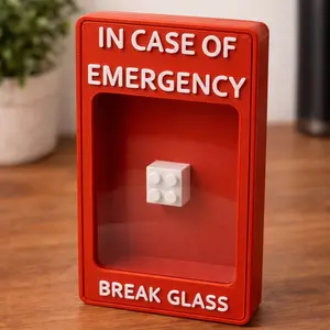 In Case of Emergency Brick - Red Rectangle with Clear Window & White Text Break Glass Design Home Decor