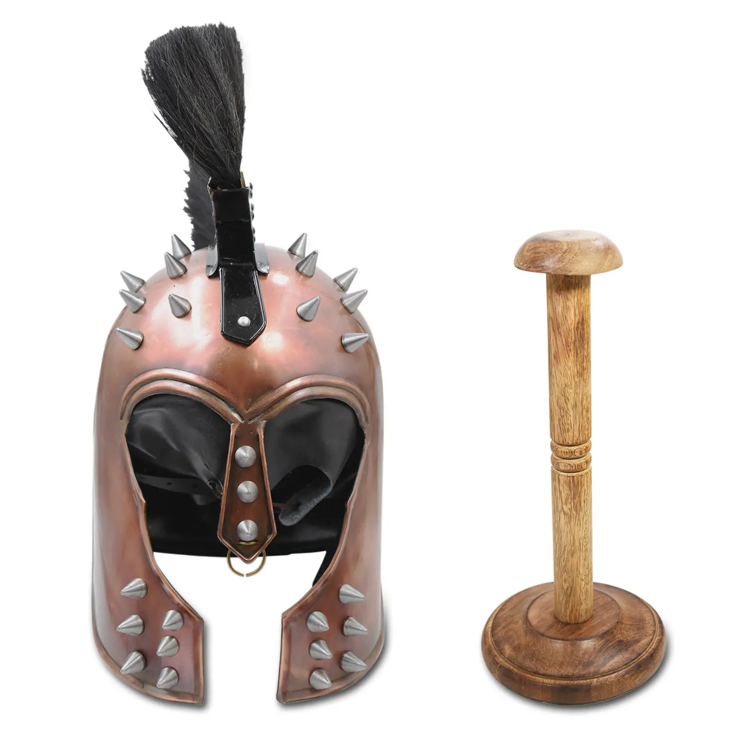 Medieval Warrior Spartan Helmet for Men, King Leonidas Punk Style Copper Plate with Black Horse Hair Plume, Wearable for Menswear Costumes, Includes Stand