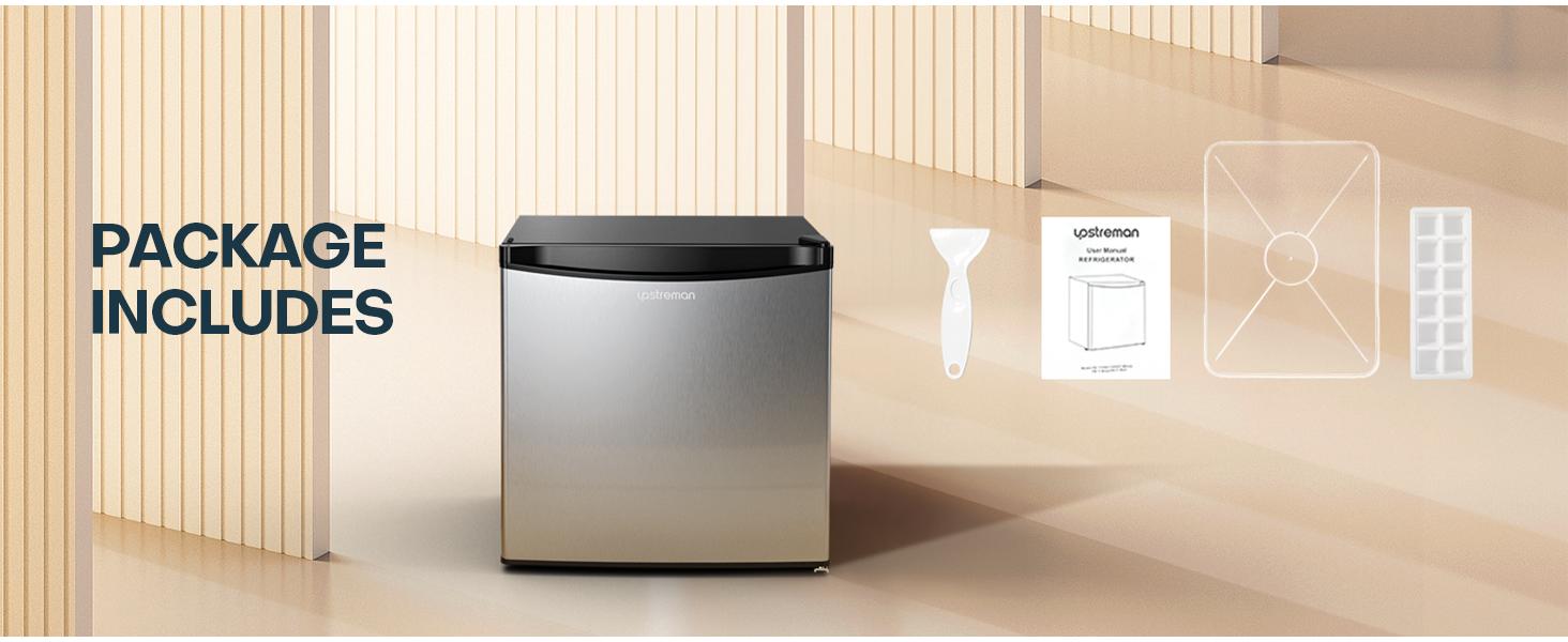 Upstreman mini fridges 1.7 Cu Ft with Freezer FR17 Adjustable Thermostat Energy Saving Low Noise Single Door Compact Refrigerator for Dorm Office Can Bedroom stainless Steel fridge mini  brands Small pantry drink fridge skincare fridge
