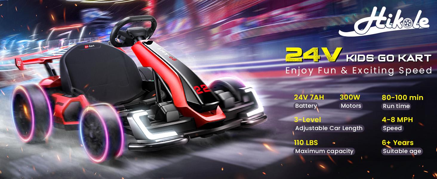 Hikole Electric Go Kart for Kids, 24V Drift Cart with Adjustable Seat, 3 Speed Mode, Fast 300W Motor, 8.5 MPH, EVA Tires, Ride on Toys for Kids 6-12 Years Old Hikole Electric Go Kart for Kids, 24V Drift Cart with Adjustable Seat, 3 Speed Mode, Fast 300W Motor, 8.5 MPH, EVA Tires, Ride on Toys for Kids 6-12 Years Old