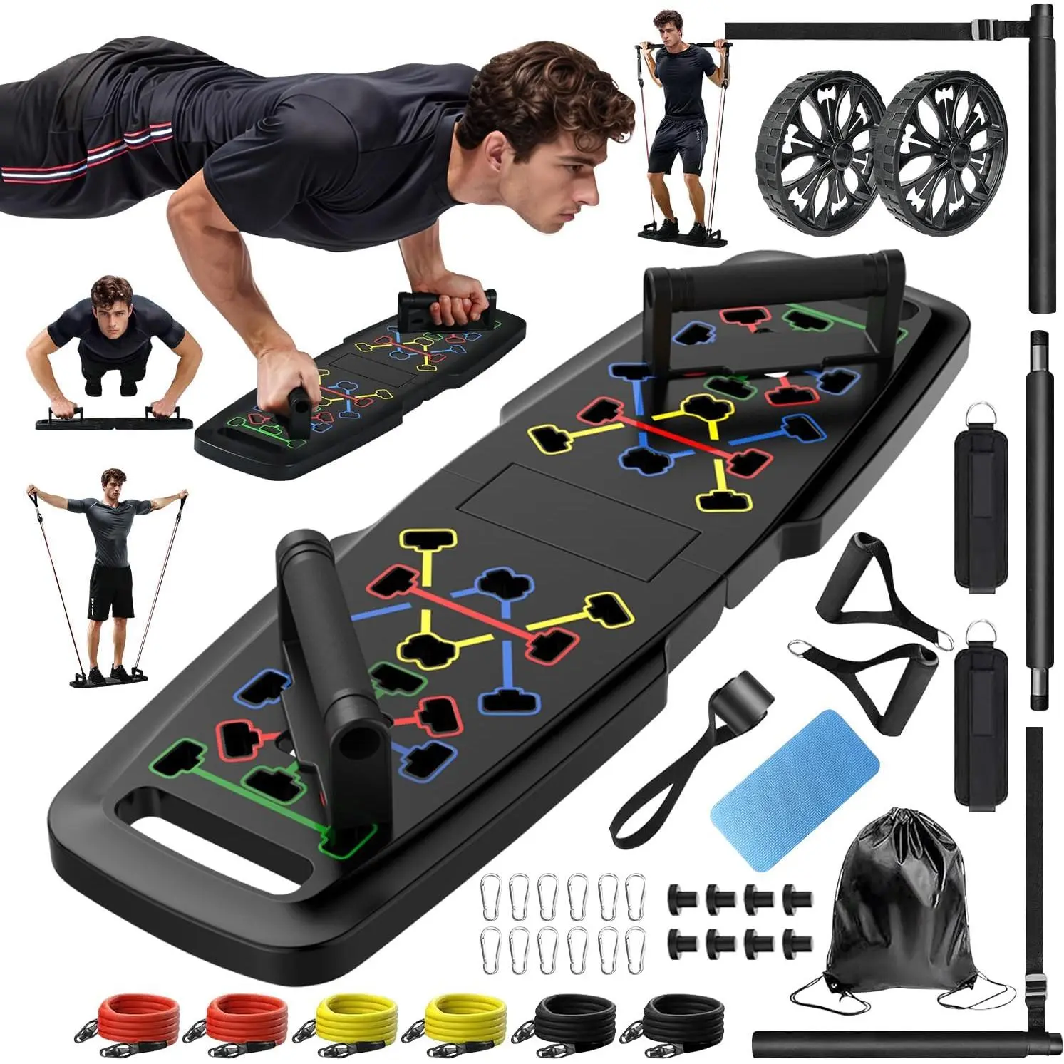 Multi-functional Push Up Board System with Pilates Bar, Portable Home Workout Equipment with Ab Roller & Resistance Bands for Men's Full-Body Strength Training, Home Gym, Full-Body Home Workouts