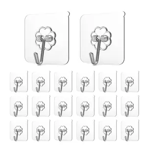 Adhesive Hooks for Hanging, Heavy Duty Wall Hooks 20 Pack, Removable Sticky Ceiling Hooks, Transparent Self Adhesive Shower Hooks, Water & Oil Proof Strong 22lb(Max) Door Coat Hooks