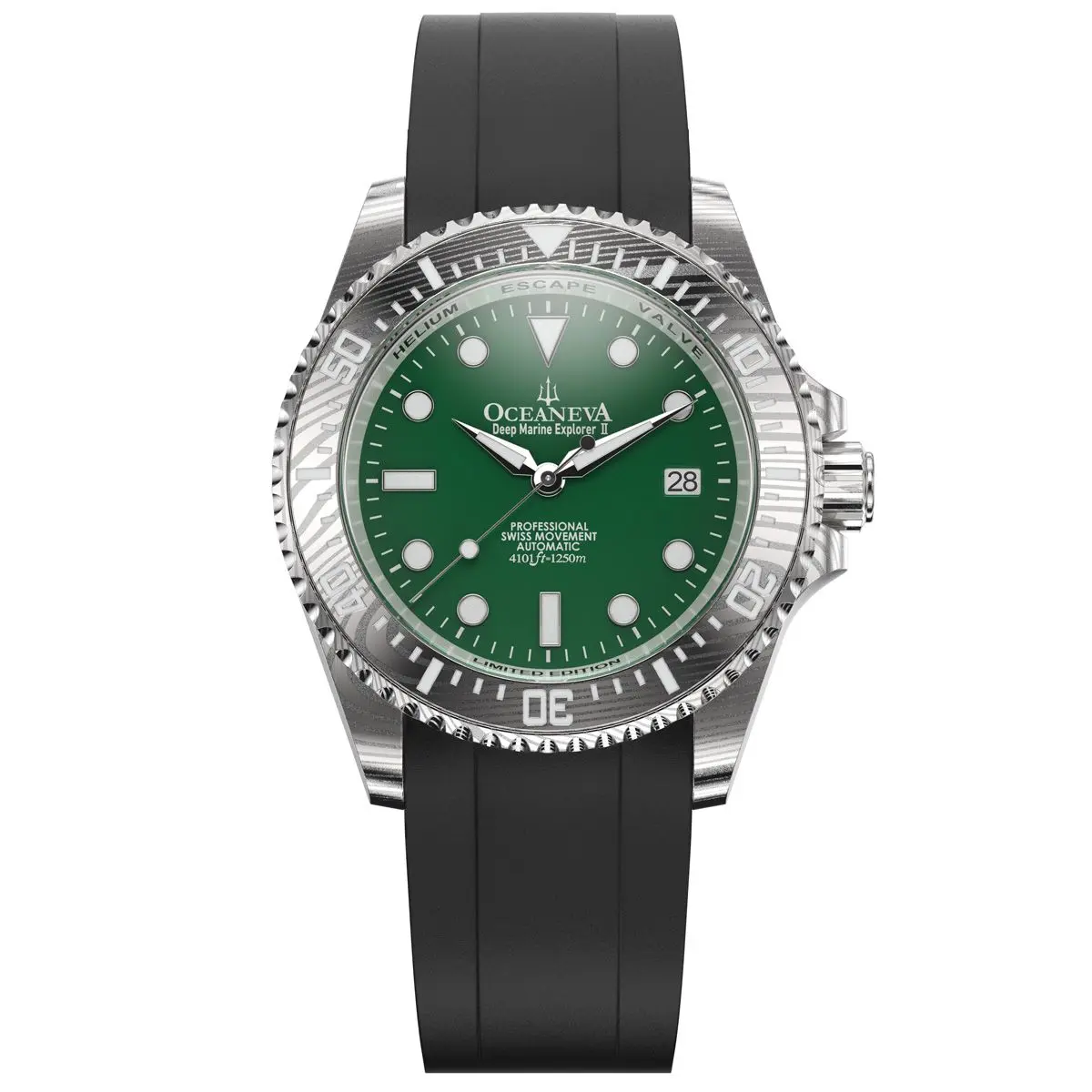 Oceaneva Men's Deep Marine Explorer II - 1250M Swiss Dive Watch with Damascus Steel Green Dial & FKM Rubber Band