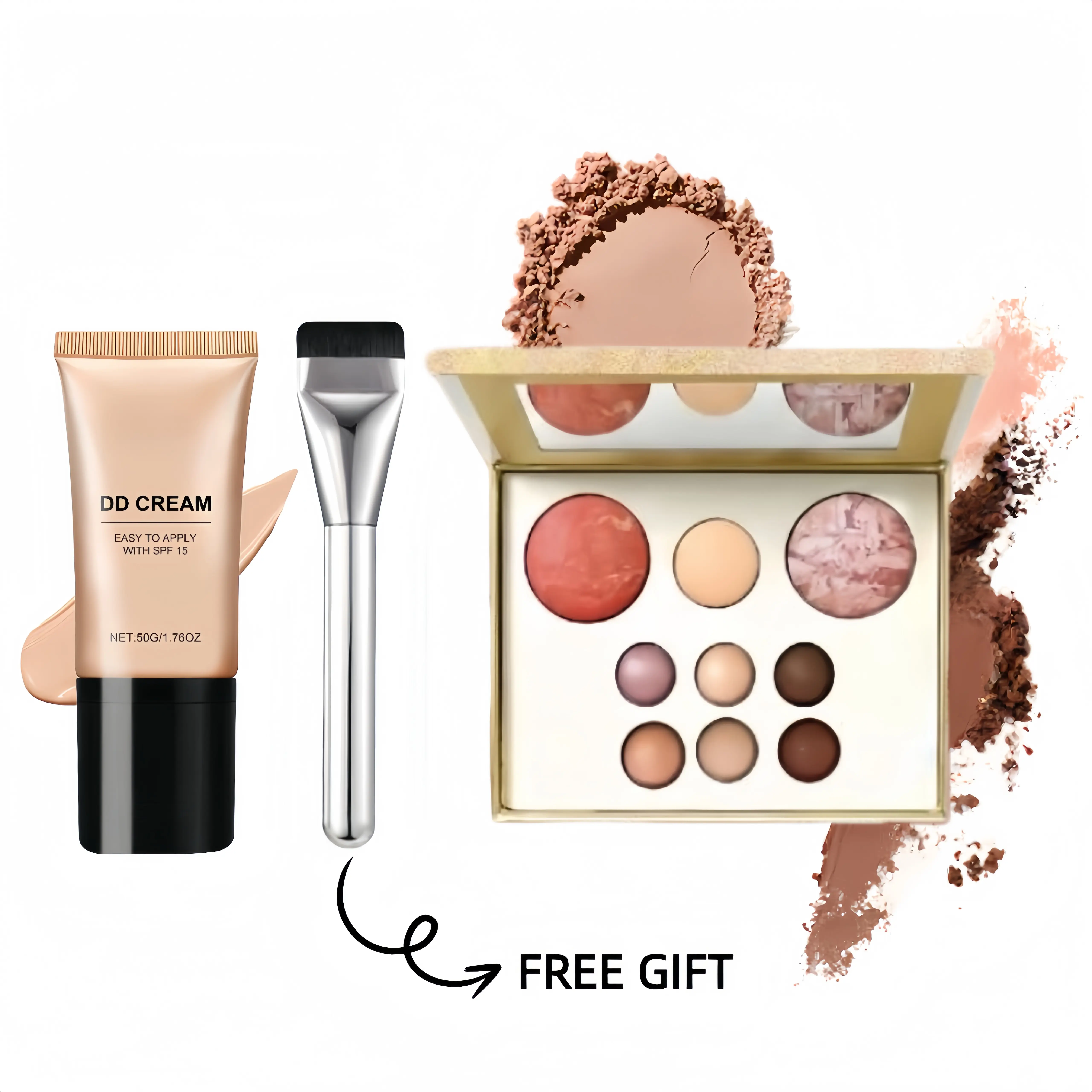 3-in-1 Daily Makeup Set - Breathable Formula Lightweight DD Cream (SPF 15), Ivory White Face Palette with Eyeshadow & Shimmer, Foundation Brush for Flawless Blend, Makeup Palette + Ivory White, Glowing Makeup Bronzer Brow Compact Defense