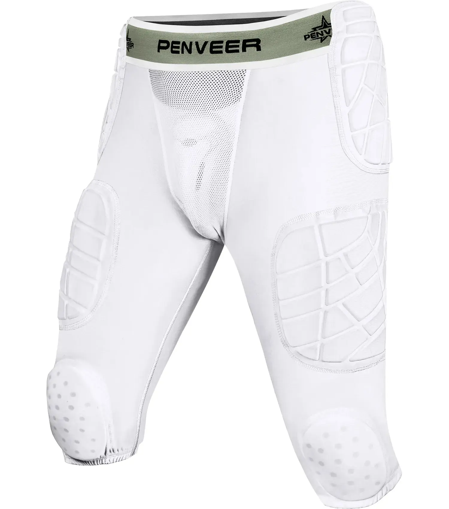 Penveer Men's Football Girdle, 7-Pad Polyester Spandex Compression Shorts with Hip, Thigh, Knee & Tailbone Pads, Breathable Mesh, Cup Pocket, Plus Size