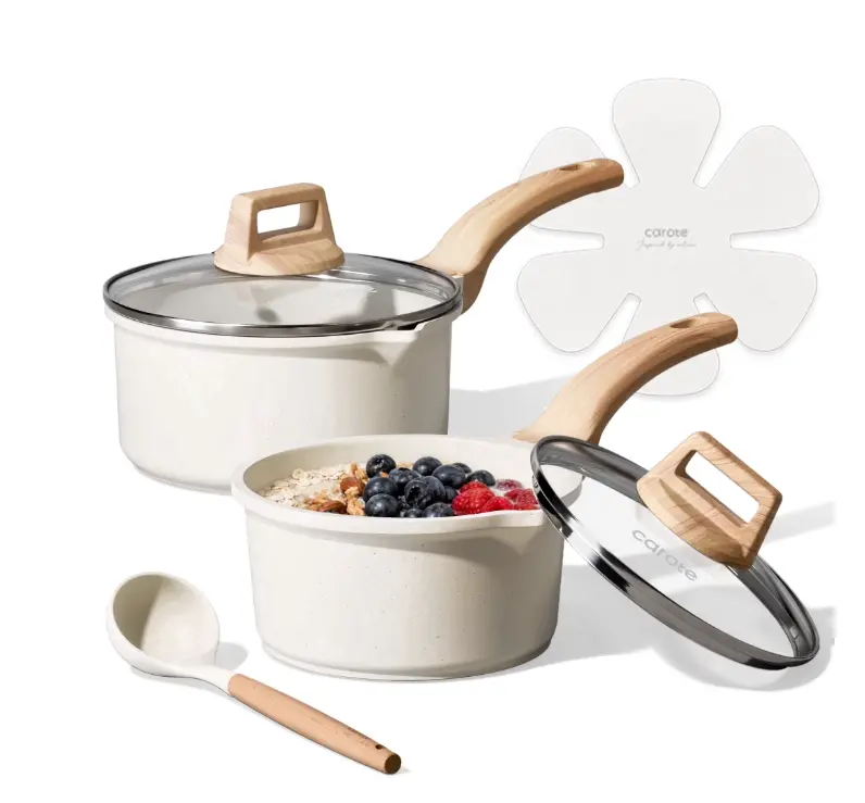 CAROTE 6-Piece Nonstick Saucepan Set with Lid, 1.5QT & 3QT Cooking Pots, Induction Compatible, White