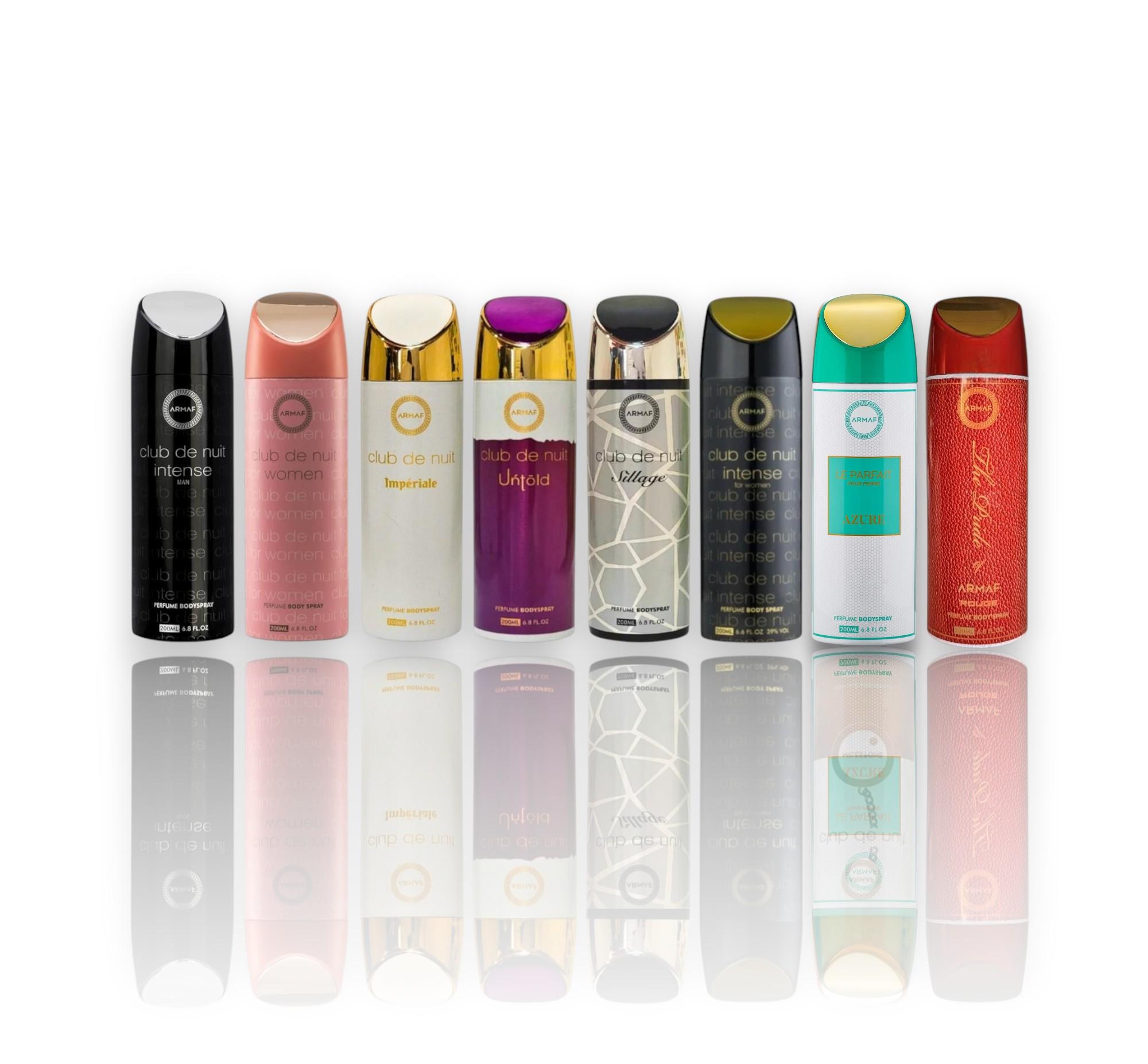 Armaf Mega Body Spray & EDP Fragrance Discovery Set - 200ml (6.7 oz) Citrus-Bergamot, Amber, Floral Notes - Club de Nuit Man, Women's, Intense Women's, Imperiale, Untold, Sillage, Le Parfait Blue, Rouge
