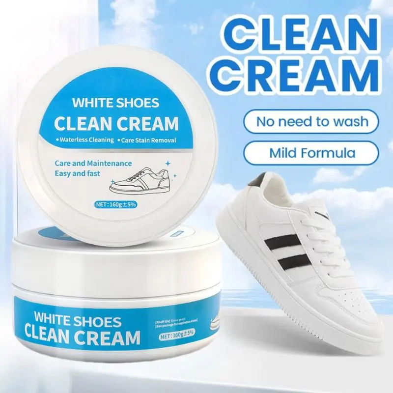 White Shoe Cleaner Cream - Multipurpose No-Wash Solid Stain Remover with Sponge for Leather, Silicone, Car Interiors, Sneaker Footwear Care