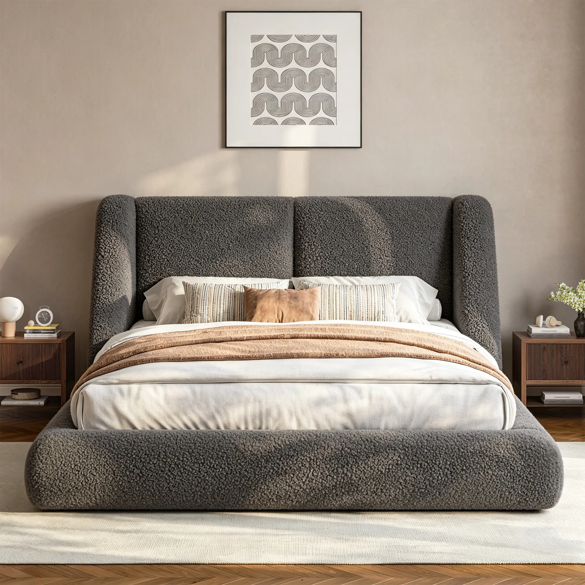 [15 Mins Assembly] Raybee Cloud Bed Frame with 5" Thick Ergonomic Wingback Headboard Soft Boucle Upholstered Low Profile Platform Bed, Bump-Resistant Rounded Corners, Anti-Slip Noise-Free, 880LBS Capacity for Bedroom, Dorms, Apartment, Beige, Black, Gray
