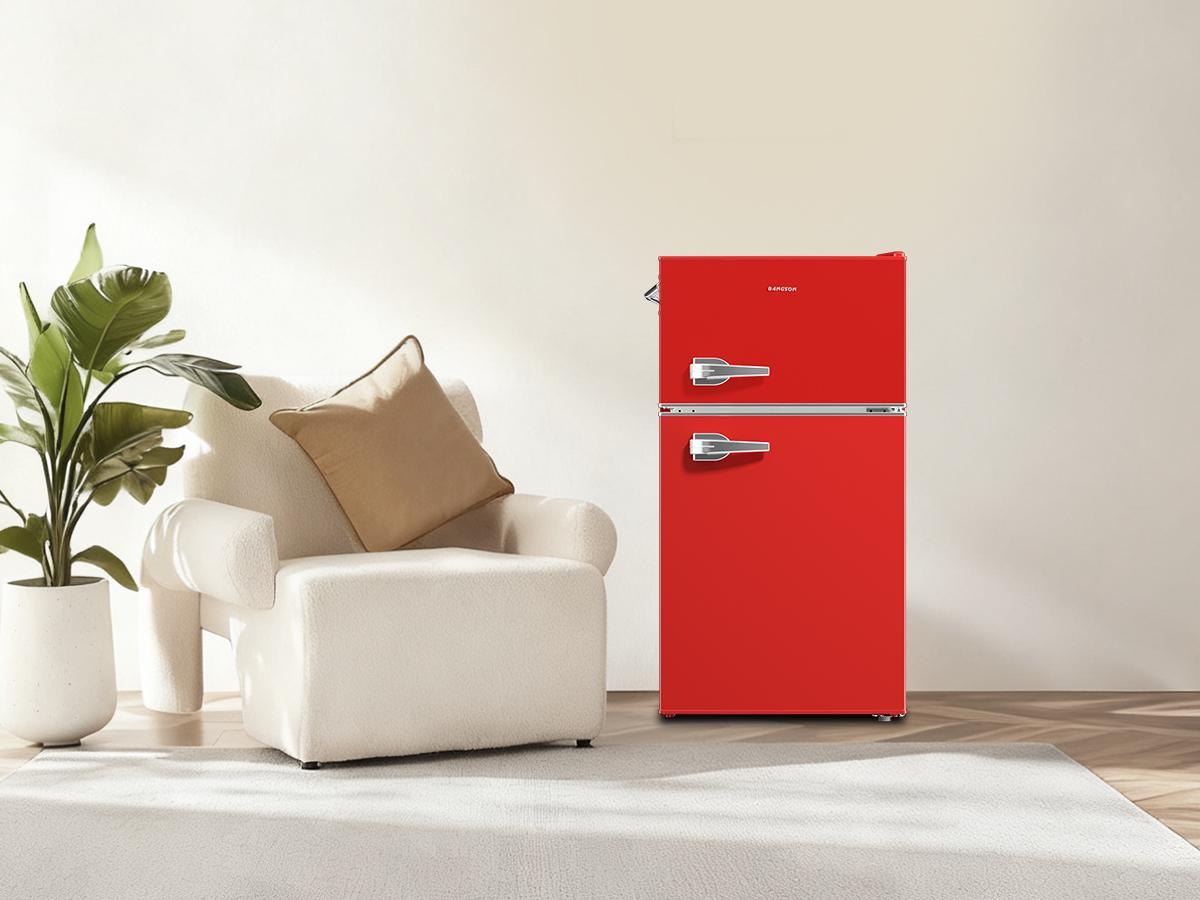 BANGSON Retro Fridge 3.2 Cu.Ft Mini Refrigerator with Double Door & Freezer Adjustable Thermostat Energy-Efficient LED Light Red Household Appliance Gift idea Christmas Gift