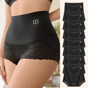 QUASTI 8PCS High Waist Black Underwear for Women, Sexy Lace Boxer Brief, Full Coverage Underwear Soft & Skin Friendly Women Body Slim Abdominal Underwear, Back to School Gifts for Girls