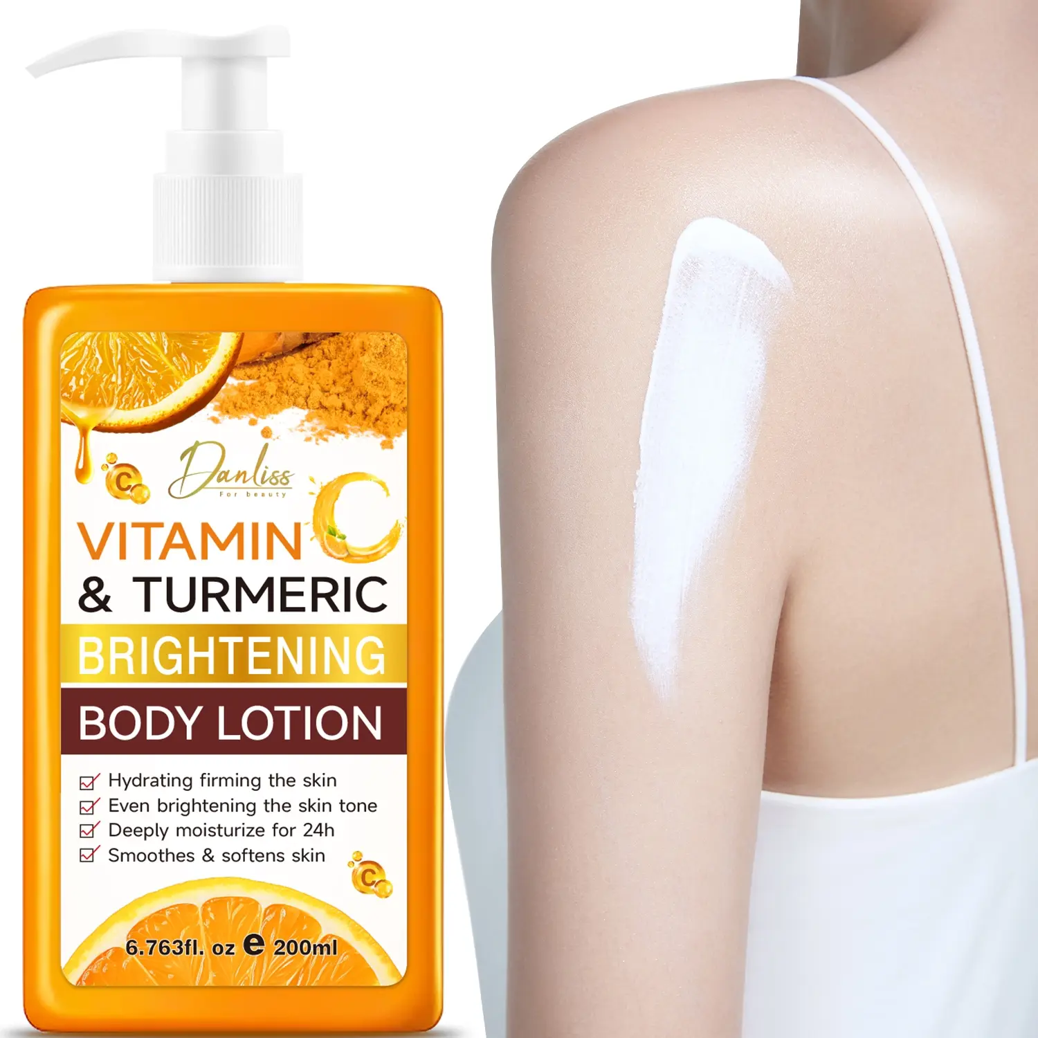 Vitamin C and Turmeric Brightening Body Lotion 200ml - Deep Moisturizing Firming, Firming, moisturizing, long-lasting moisturizing, deeply moisturizing, brightening, soft and smooth light beige - Suitable for neck, arms, thighs and back Cosmetic Body Care