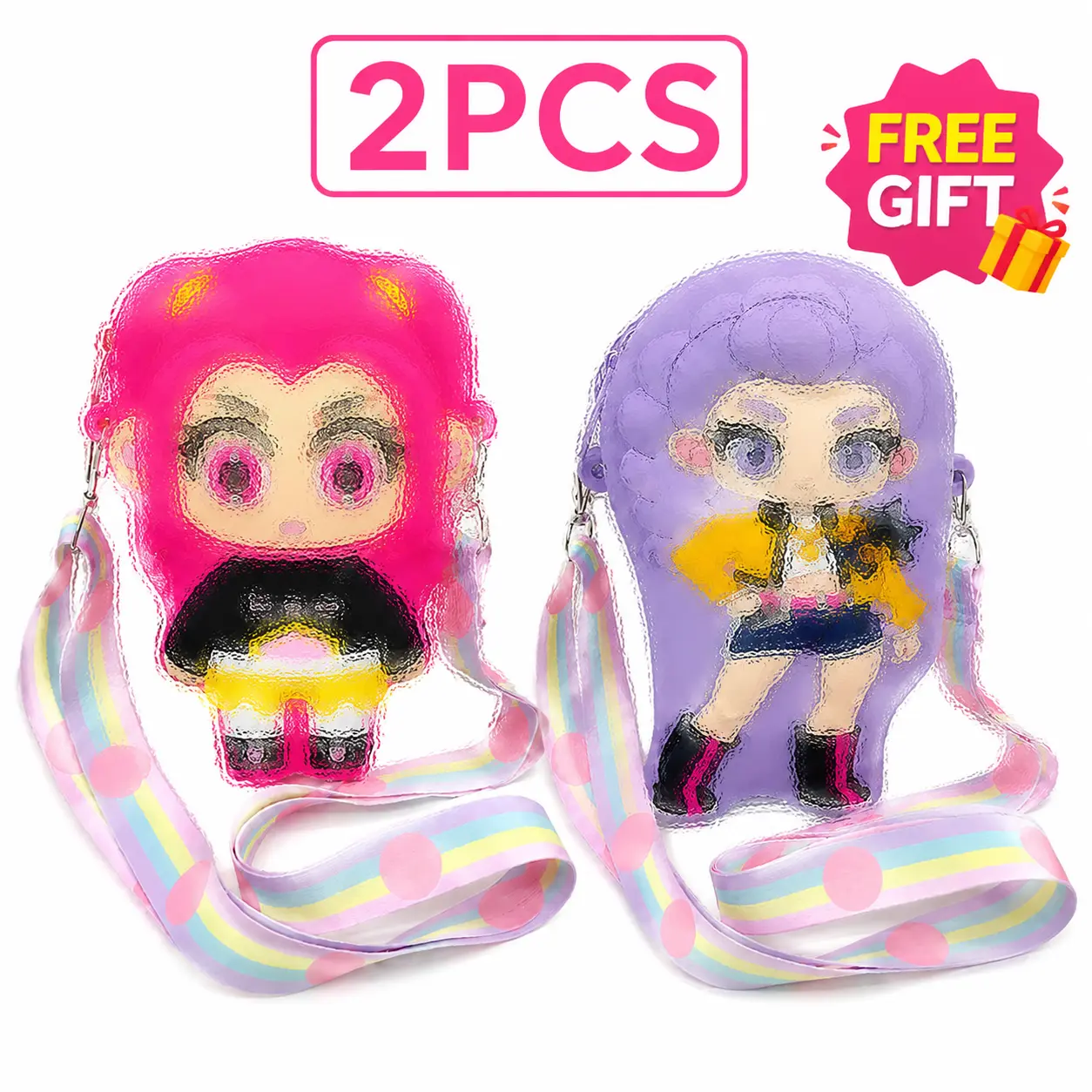 2PCS Kids Silicone Compact Graphic Crossbody Coin Purses - Cute Cartoon Look ABS Zipper Mini Pouch, Rainbow Strap Crossbody-Shoulder Bag, Doll Accessories with Twoset Convenience TOYS