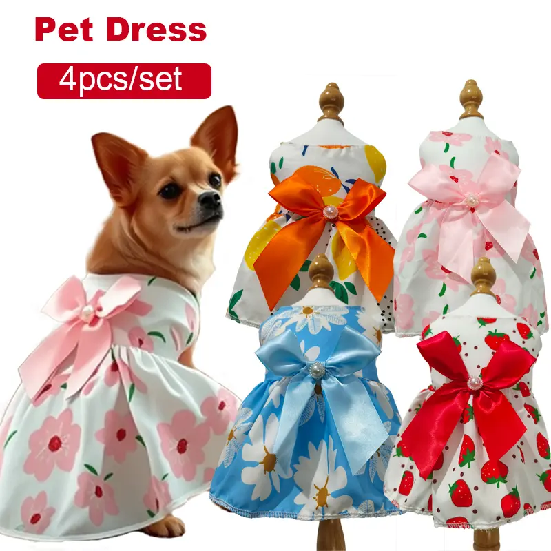 High Quality Soft Fabric Sleeveless Pet Clothes for Cats-Dogs, 4Pcs/Set Floral Outfits with Cute Bow-Pearl Details, Multi-Size for Easy Movement, Ideal for Daily Wear-Special Occasions, Sleeveless For Easy Movement, Cute Kitten Clothes Puppy Clothes