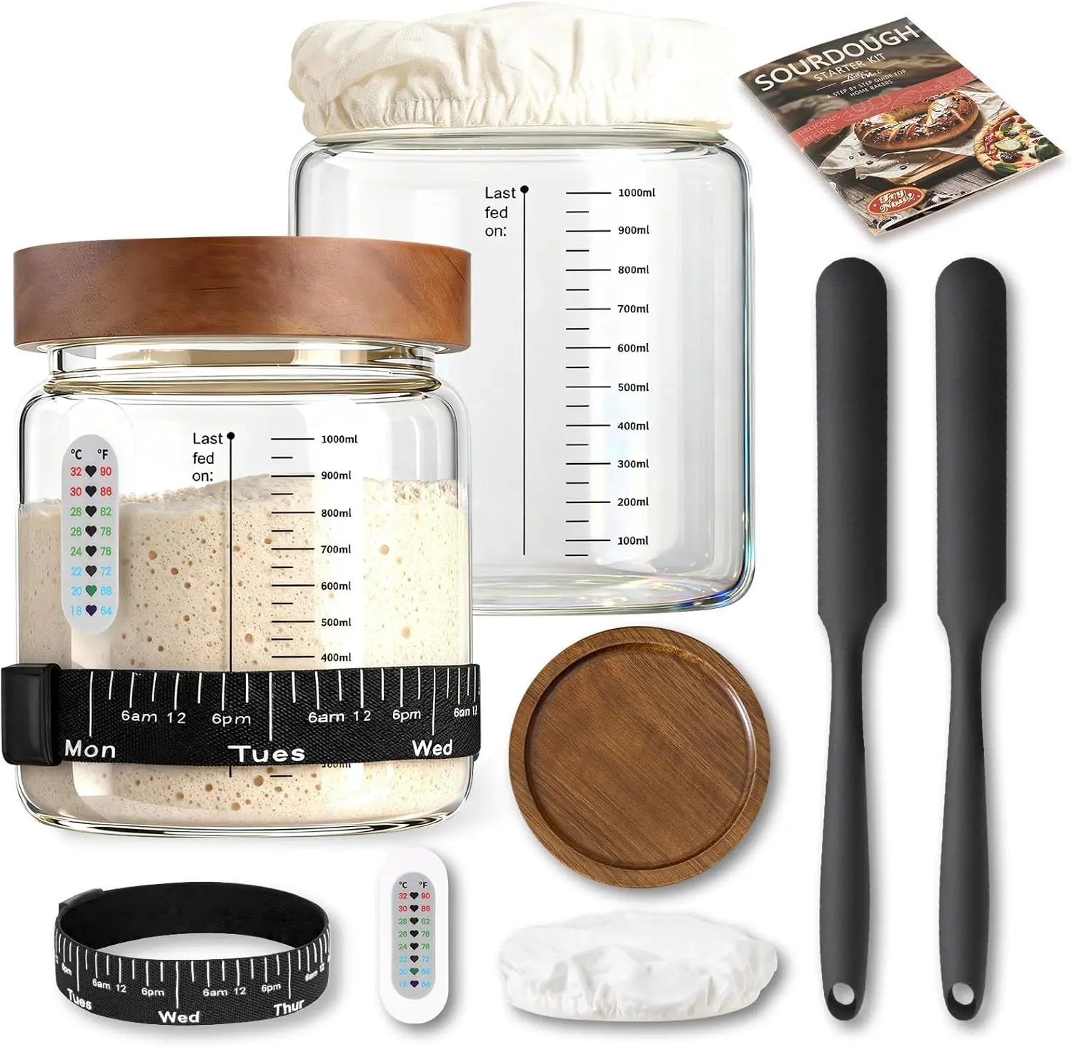 2Pcs Sourdough Bread Starter Kit,40oz Large Sourdough Starter Jar With Wide Mouth,Silicone Spatula,Sour Dough Starter Kit Tools With Thermometer Electrostatic Strip,Date Marked Feeding Band,Recipe