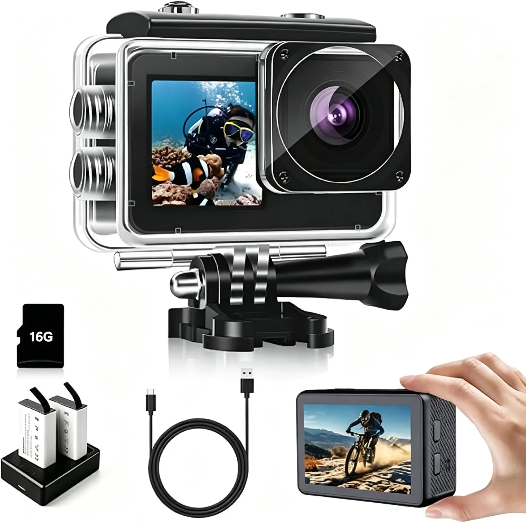 Action Camera 1080P FHD 16MP Underwater Camera with 2" & 1.3" Dual Screen, 131FT/40M Waterproof Vlogging Camera for Sports, Includes 16GB Card, 2x1050mAh Batteries & Mounting Accessories，black cameras