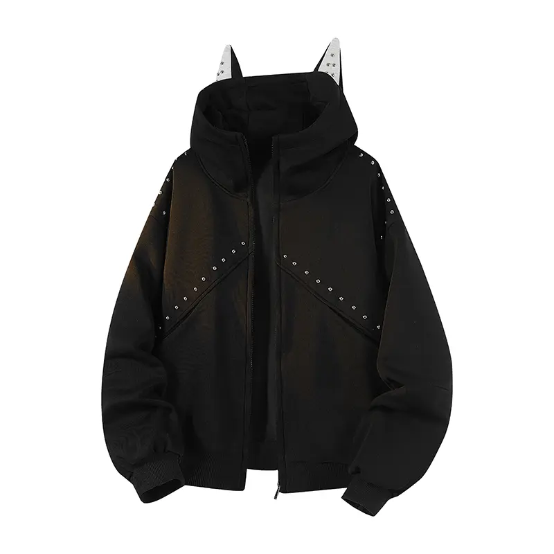 Men's Autumn Heather Grey Long Sleeve Cotton Blend Patchwork Hoodie - Zip-Up Casual Style Sweatshirt with Devil Horns Decor, Diagonal Rivet Vent Panels, Ribbed Cuffs & Hem, Soft Knit Fabric for Street Outfits, Diagonal Rivets
