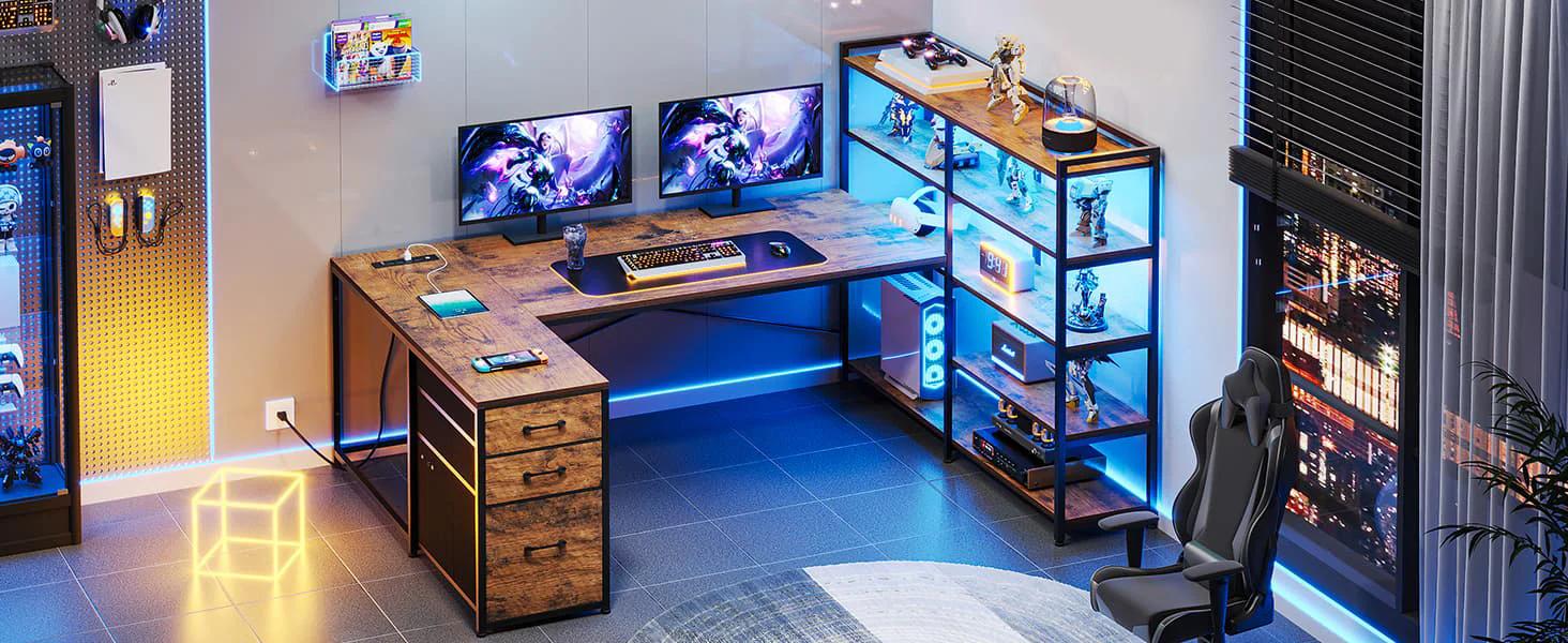 Sikaic 64.5 inches Reversible L Shaped Desk with Storage Shelves U Shaped Gaming Desk with 3 Drawers Power Outlet & LED Strip