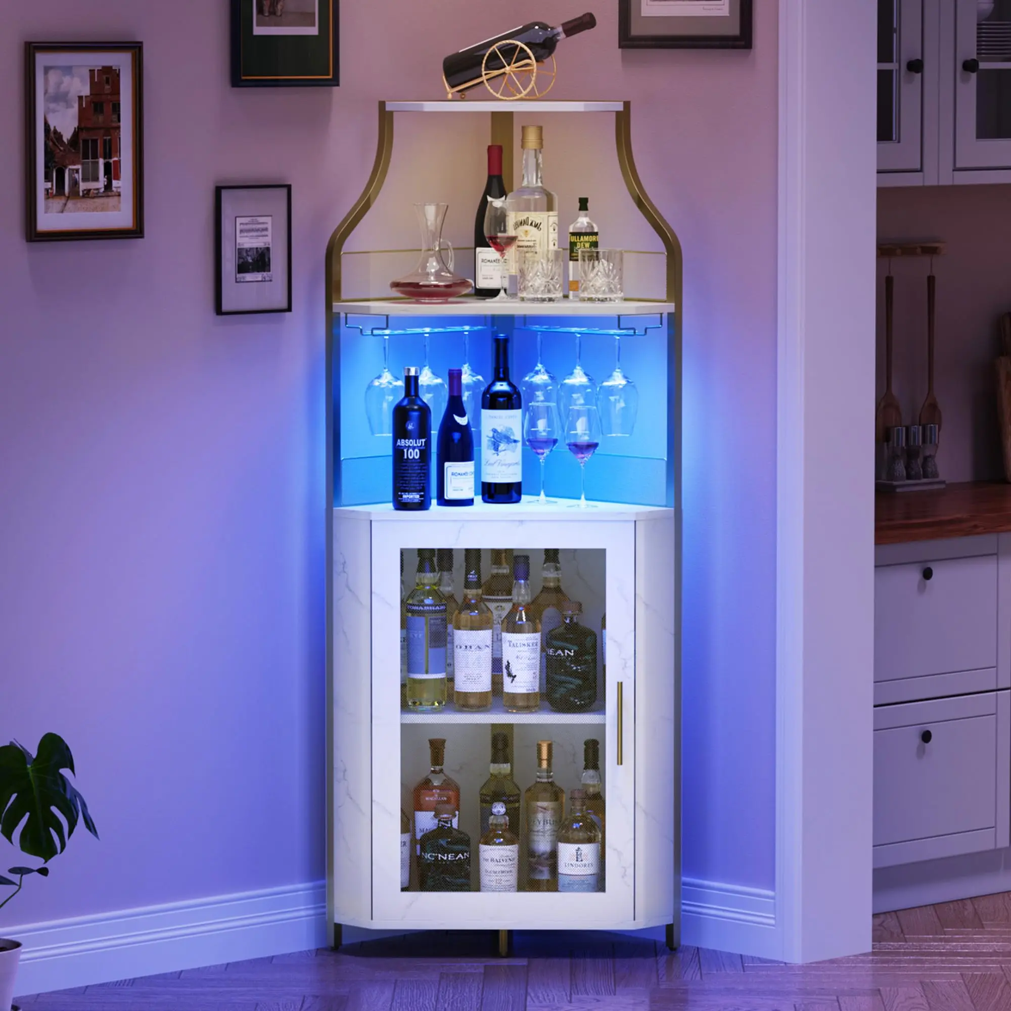 Flash sale home items Industrial Corner Bar Cabinet - Sturdy Liquor Cabinet Furniture, 5-Tier Sideboard with Removable Wine & Glass Rack, Adjustable Shelves, Mesh Door, LED Lights, Large Storage for Dining Room/Man Cave, Rustic Brown/Grey Bar Decor