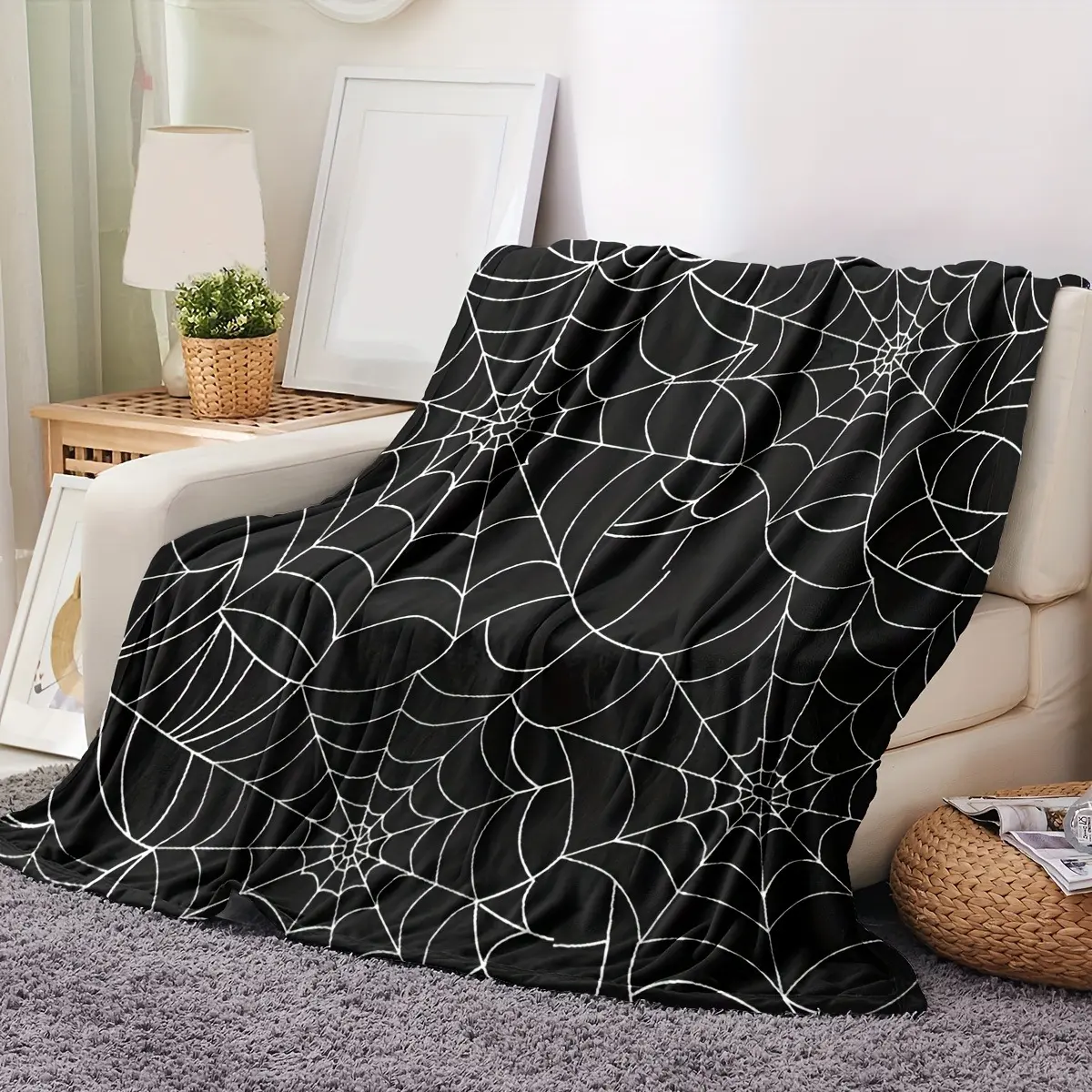 Gothic Halloween Black White Spider Web Print Flannel Blanket - Soft, Cozy, Warm Fuzzy Plush Throw, Dark Aesthetic Spooky Season Decor for Bedroom Sofa Couch, Ideal Gift for Gothic Lovers Teens Adults