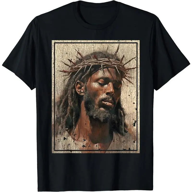 Men's Black Sports T-Shirt - Jesus Image, Crown of Thorns Cross Design, Resistant Wash, Vivid Print (Sports & Outdoor Tops), Sporty Chic