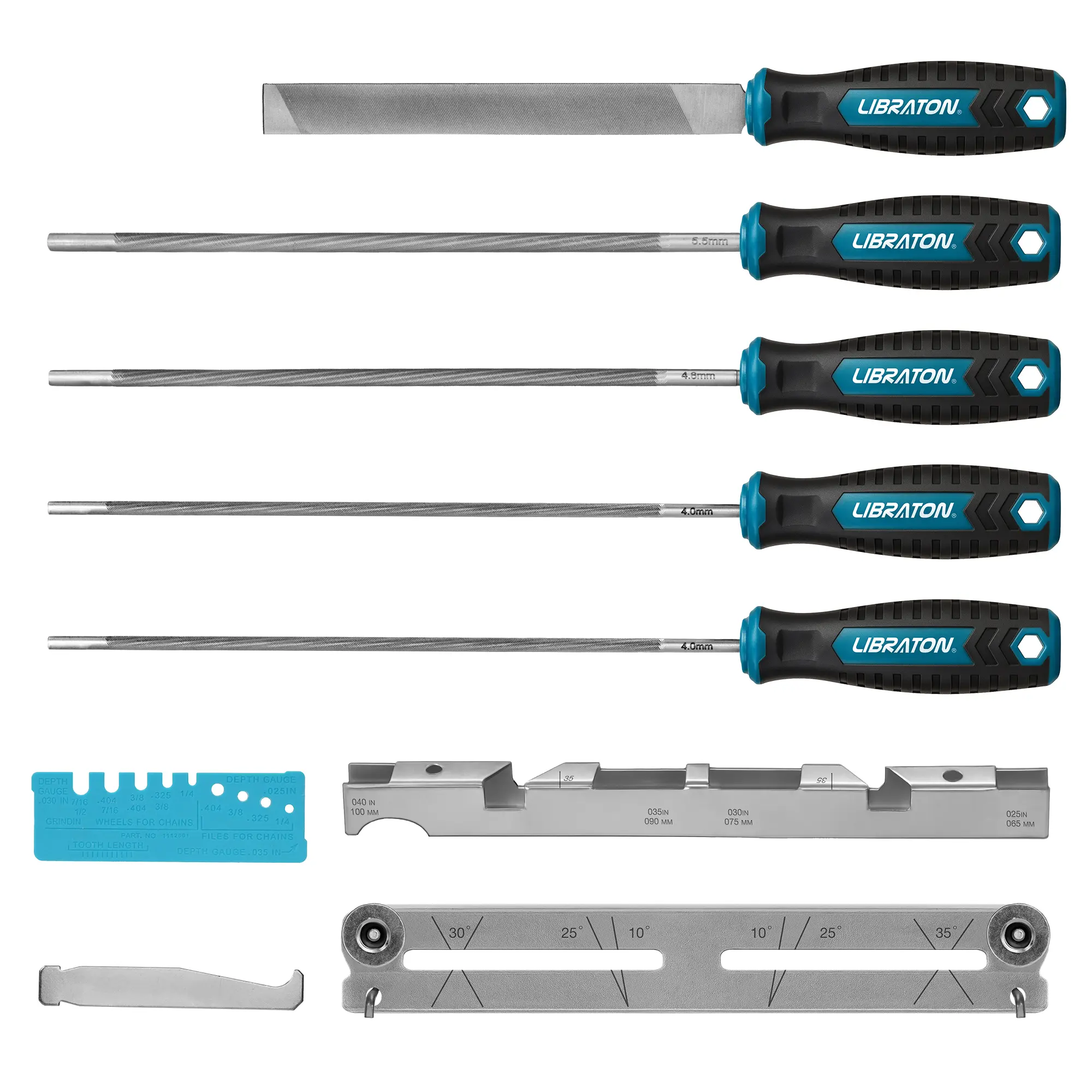 LIBRATON Chainsaw File Set, 5/32", 3/16", 7/32" Chainsaw Sharpening File, Chainsaw Sharpener, Round Saw Chain File, 6" Flat File, Depth Gauge, Filing Guide, Check Gauge, Bar Groove Cleaner, Pouch