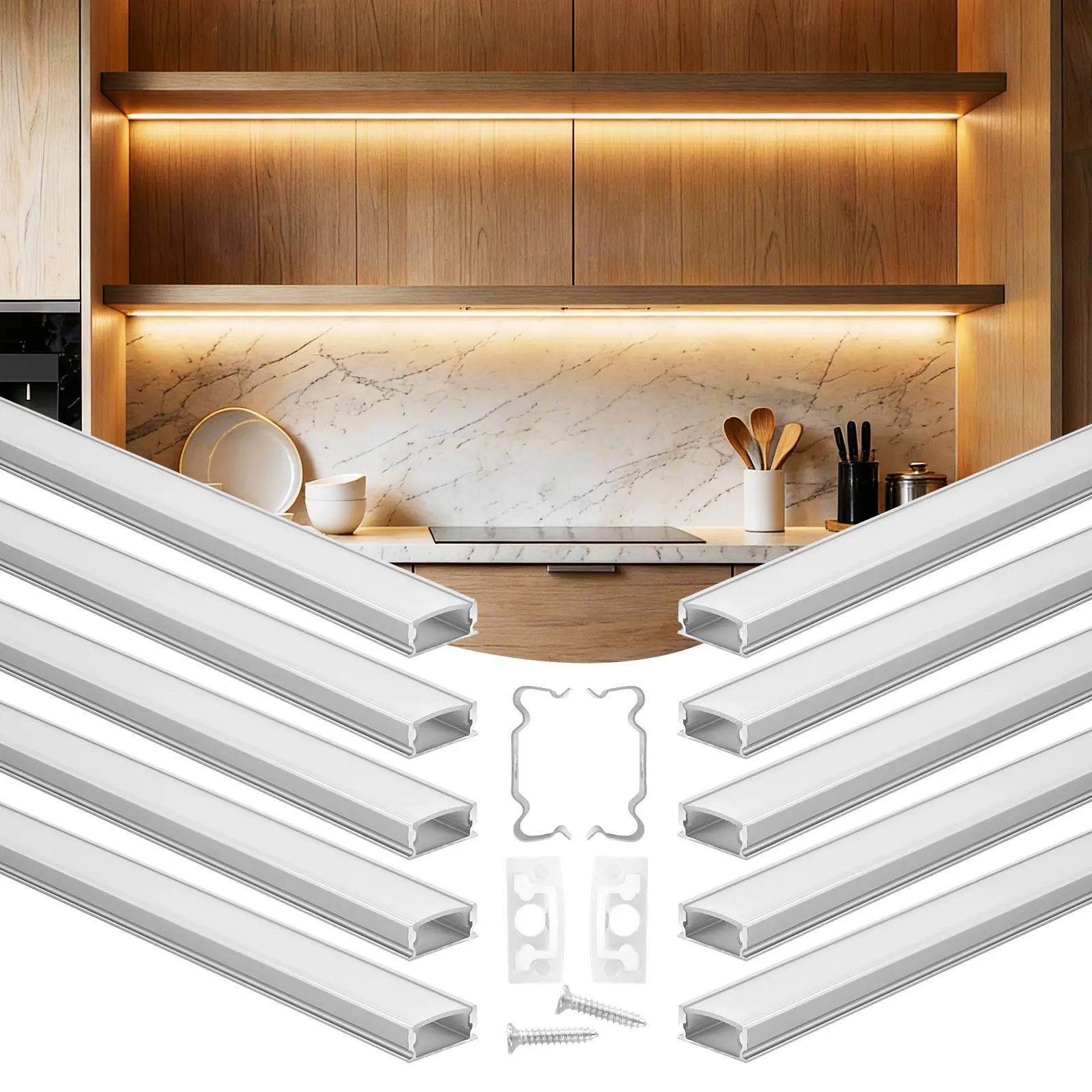 【summerfinds】VEVOR 10-Pack 6.6 ft/2M U Shape LED Aluminum Channel, with Milky Cover, End Caps and Mounting Clips, Aluminum Profile for LED Strip Light Installations, Easy Installation, for Under Cabinet Counter, Bright Led