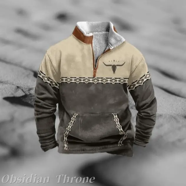 Sudadera Vaquera Azteca para Hombre con Toro, Cremallera 1/4 y Cuello Alto, Moderna y con Bolsillo Frontal