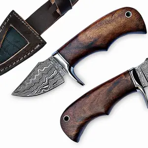 6.5" Fixed Blade Damascus Steel Hunting Knife with Leather Sheath, Skinning, Non-Slip Wooden Handle, Camping Knife, Survival EDC Knife