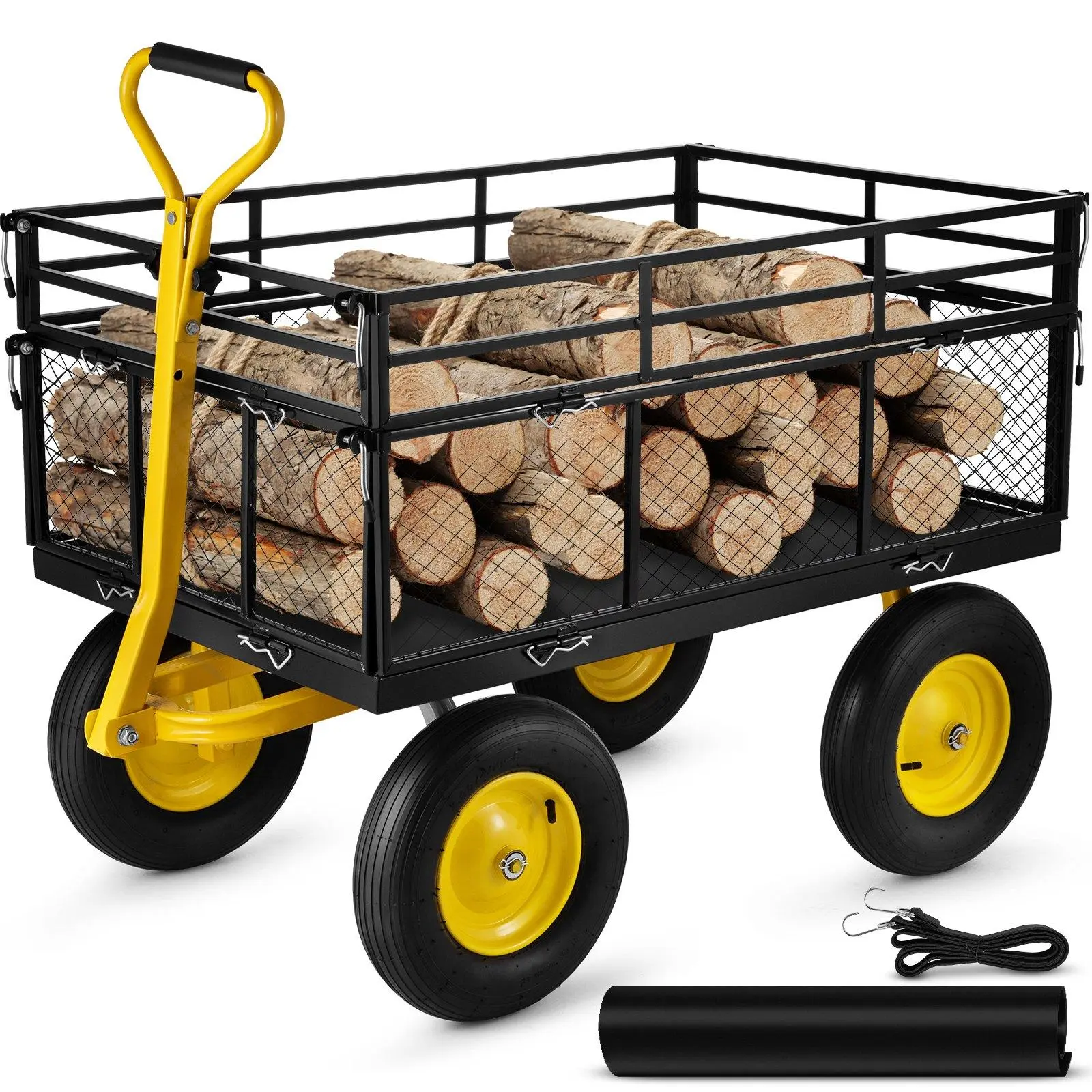 VEVOR Powder-Coated Steel Garden Cart, Heavy-Duty 1400 lbs Max Capacity, Removable Mesh Sides for Open Bed, 15" Tire Stability, 180° Pull 2-in-1 Handle, Beach-Rock Roll, for Garden, Farm#BackToSchool