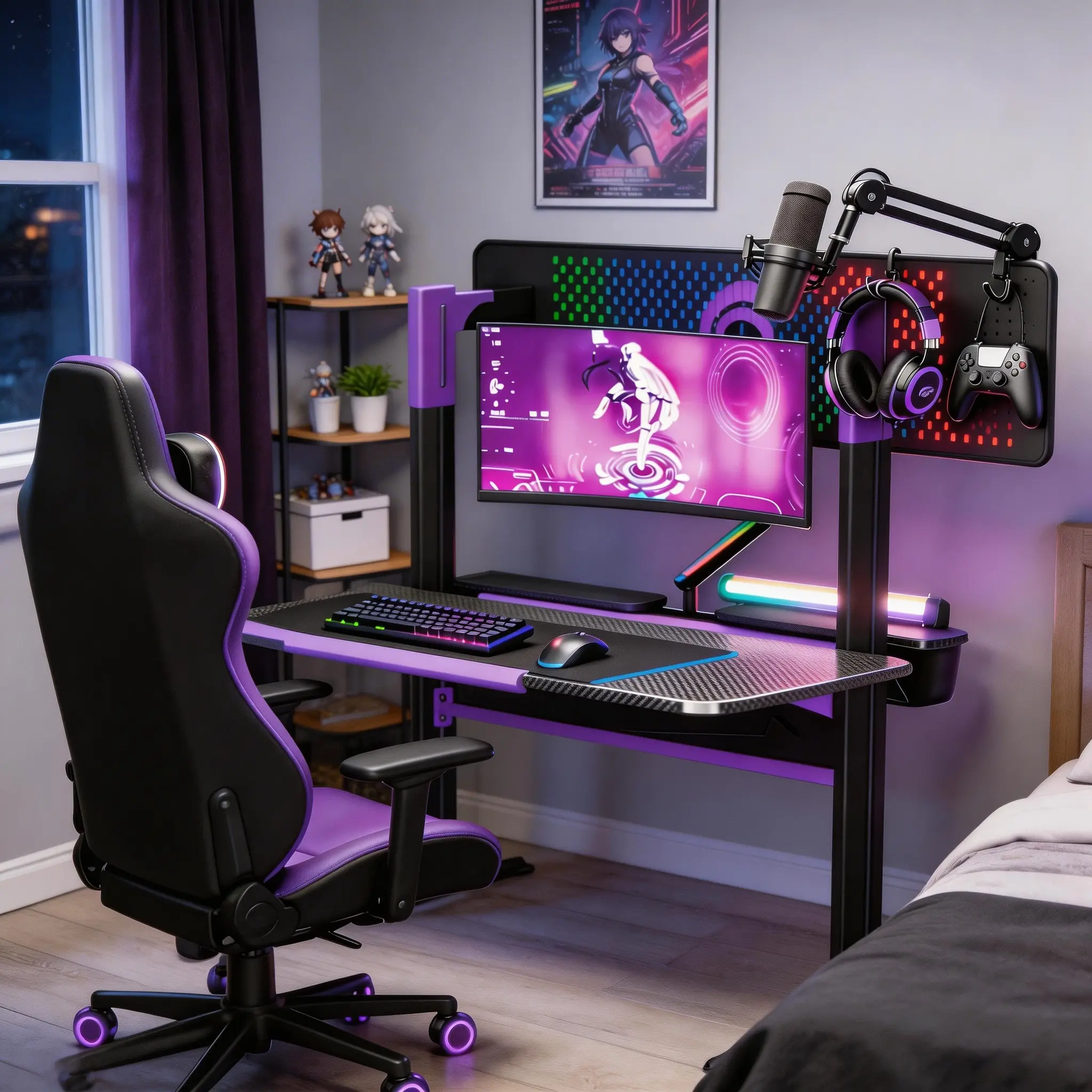 Ergonomic Gaming Desk with LED Monitor Stand, Charging Station & Multifunctional Pegboard - Modern Gaming Furniture for Home Setup