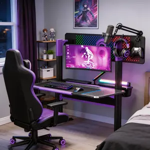 Ergonomic Gaming Desk, LED Monitor Stand, Charging Station & Multifuctional Pegboard for Gaming Room