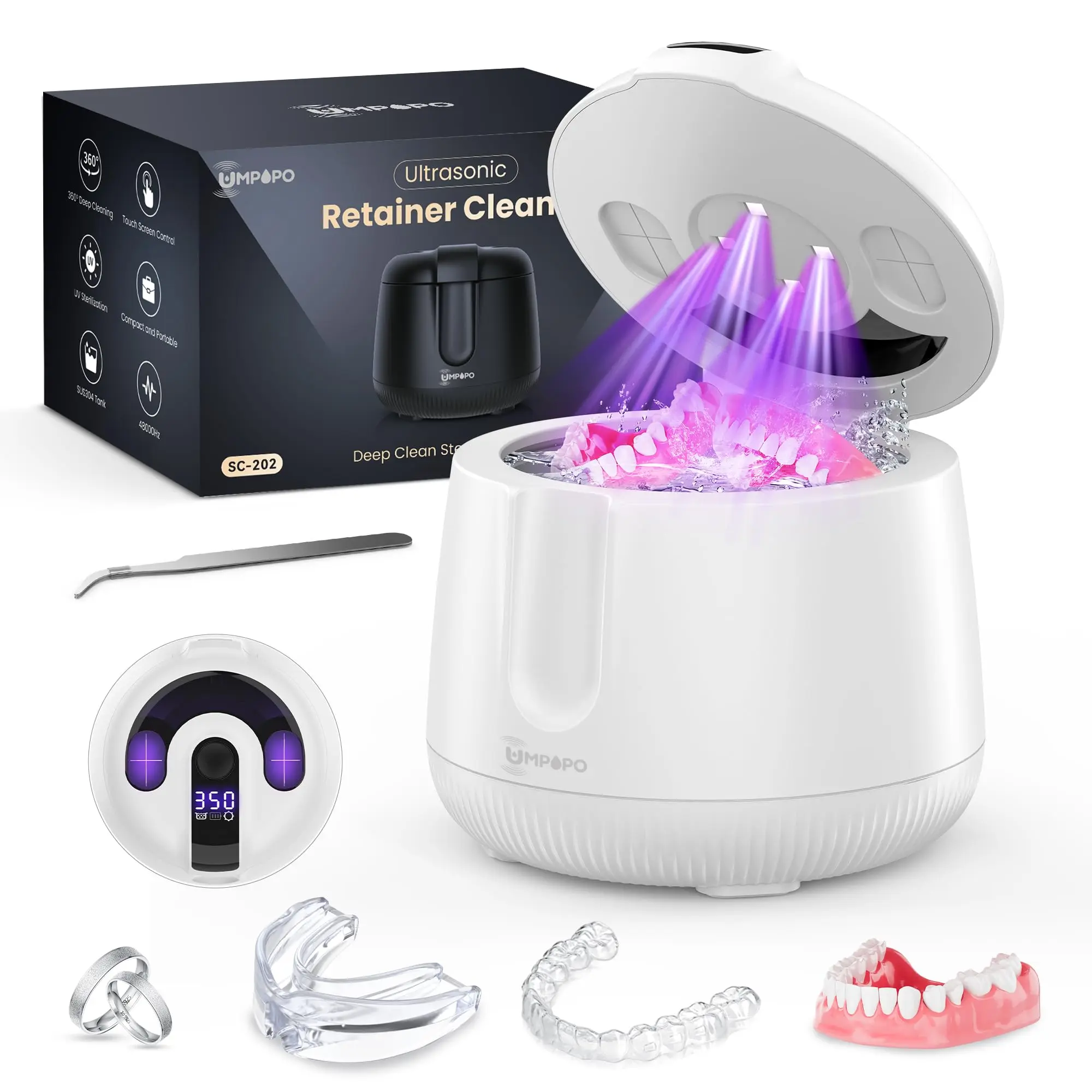 UMPOPO Ultrasonic Retainer Cleaner Machine - 48kHz Deep Cleaning for Aligners, Dentures, Night Guards & Jewelry