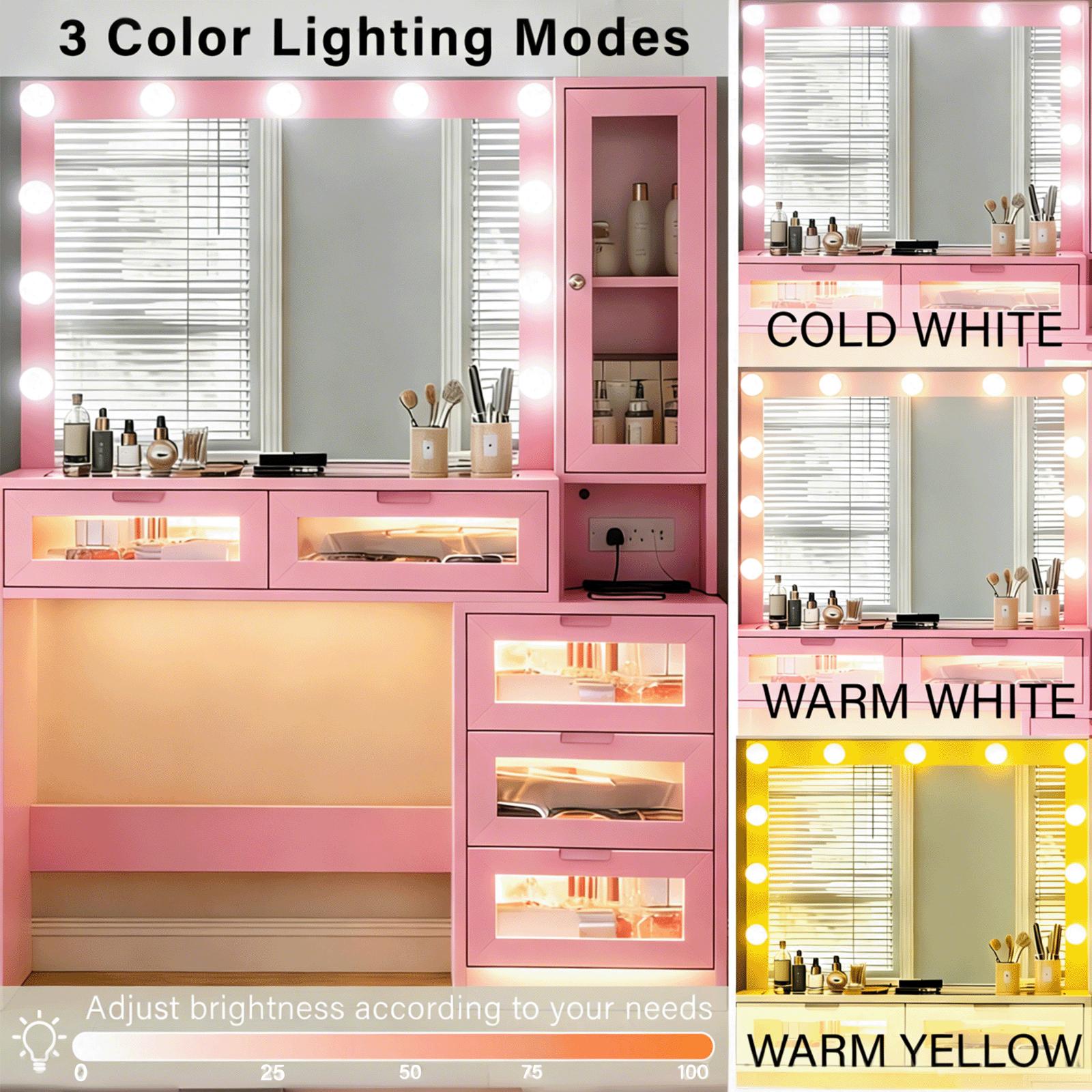 CollaredEagle Lighted Vanity Table - Modern LED Dresser, 11 LED Lights with 3 Adjustable Modes, 5 Transparent Glass Drawers, Glass Countertops, Power Outlets Equipped Makeup Vanity CollaredEagle Lighted Vanity Table - Modern LED Dresser, 11 LED Lights with 3 Adjustable Modes, 5 Transparent Glass Drawers, Glass Countertops, Power Outlets Equipped Makeup Vanity