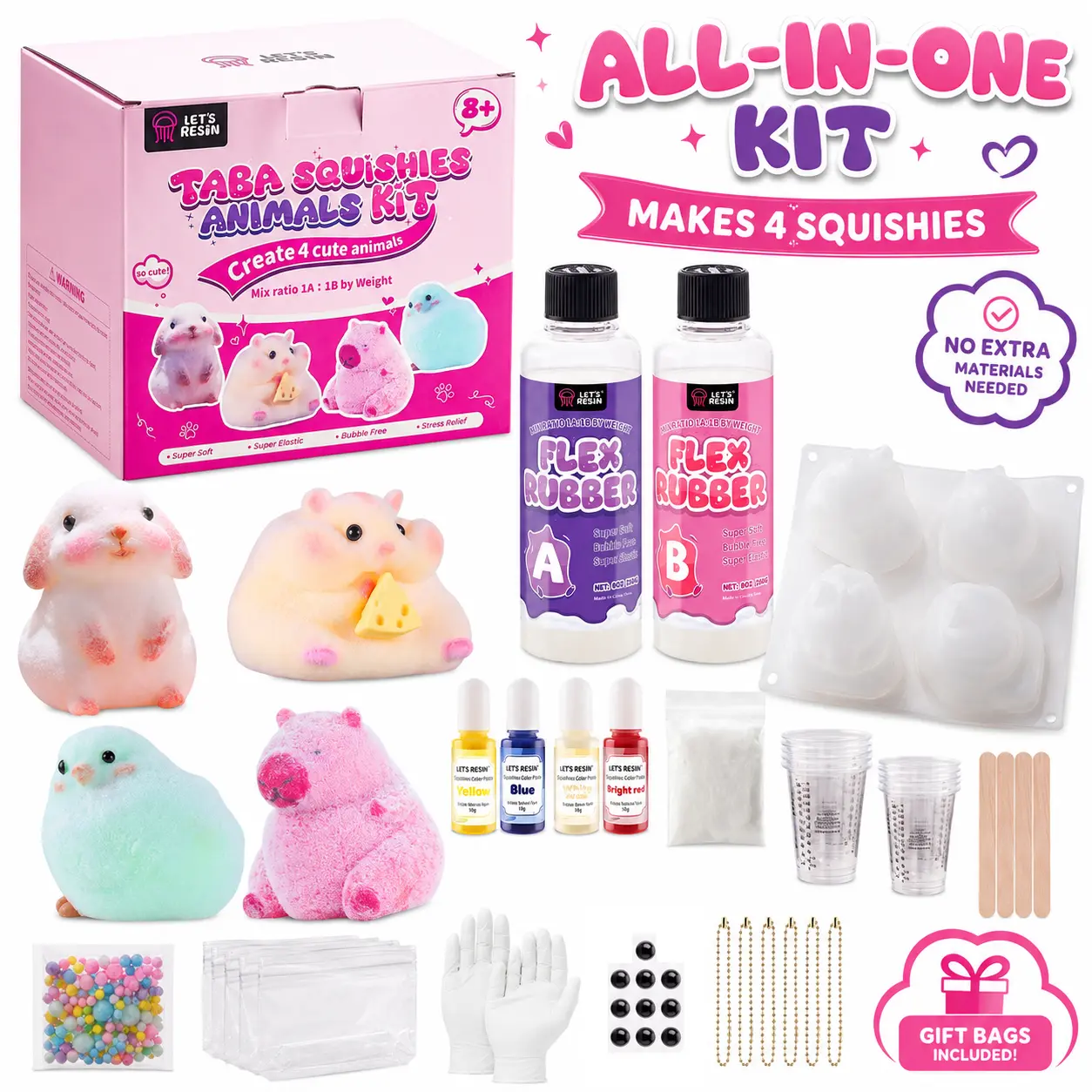 Taba Squishy Making Kit, Squishy Toy 16 oz Flex Rubber Silicone Gel with Hamster, Capybara, Rabbit & Chick Molds, Back-to-School Gift for Kids, Summer Craft Activity, Screen-Free Family Fun, Beginner DIY Kit with Color Paste & Flocking Powder-LET'S RESIN