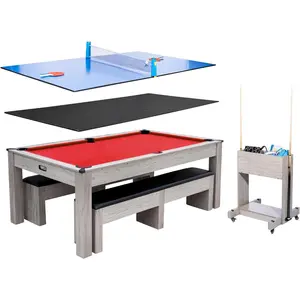 Red,7FT 3-in-1 Pool Table with Dining Top & Table Tennis | Billiard Table Set with Accessories (Balls, Cues, Ping Pong) | HDF Wood Grain Finish | Includes Rolling Storage Caddy