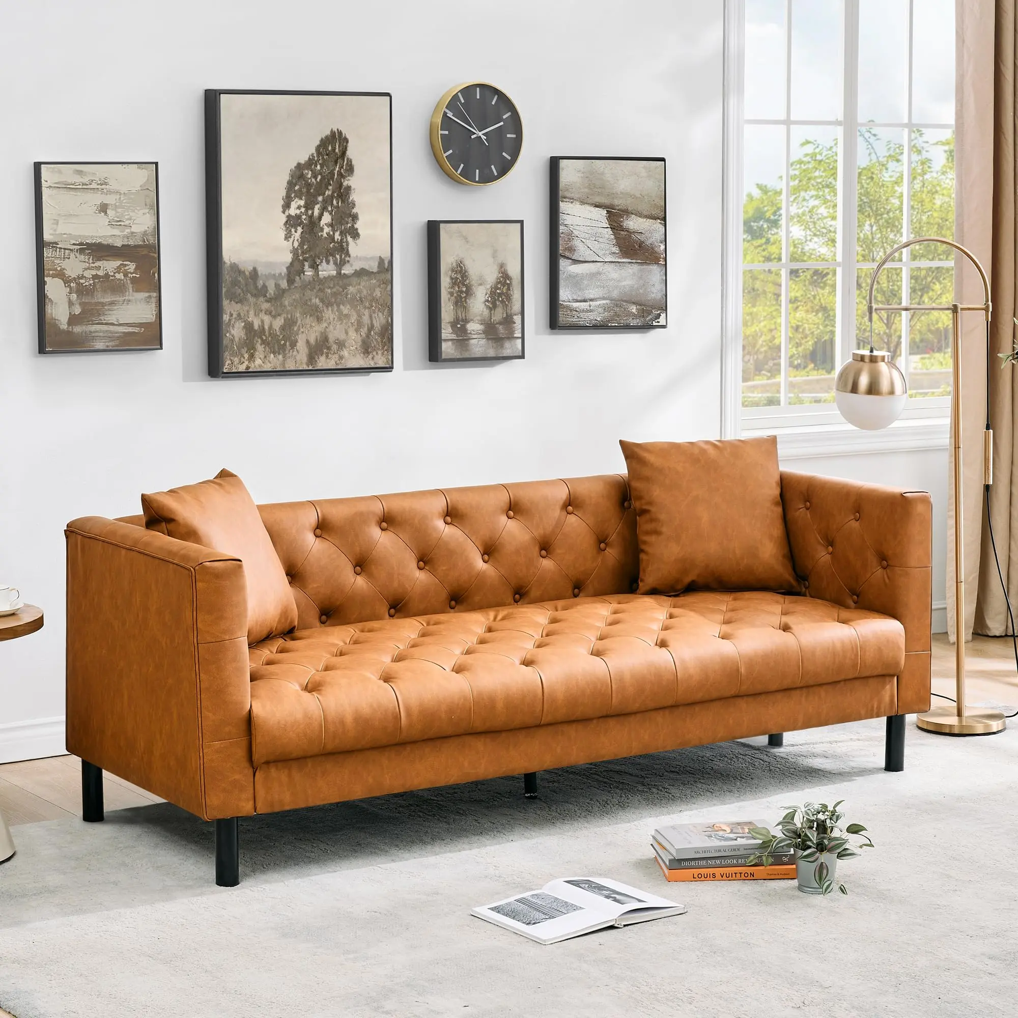 Garvee 81" Mid-Century Modern Leather Chesterfield Sofa with Deep Seats, Button Tufted Design, 3 Seater Couch with 2 Pillows, Cognac Tan Leather Couch for Living Room, Apartment, Office