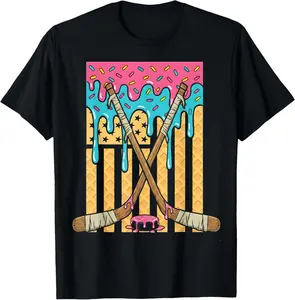 Ice Hockey Ice Cream Drip Boys American Flag Youth Players T-Shirt - Crewneck Men Women Youth Boys Girl T-shirt Cotton Fabric