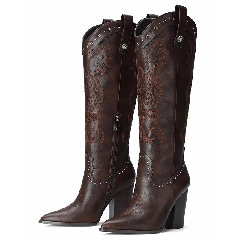 EROCALLI Women's Studded Cowboy Boots, Chic Mid Calf Western Style, Pointed Toe Chunky Heel for Dress, Wedding & Casual Wear, Footwear, Western Elegance, Western Ootd